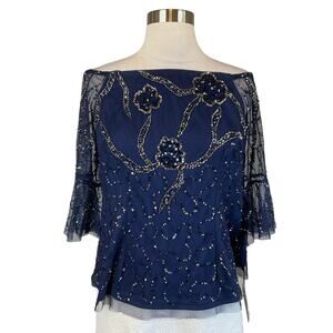 Adrianna Papell Off the Shoulder Beaded Chiffon 3/4 Sleeve Blouse Blue Size 8